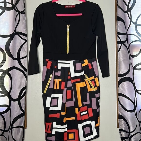 Miusol Women's Sheath Dress M Multi Geometric Exposed Zipper 3/4 Sleeve - Picture 3 of 13